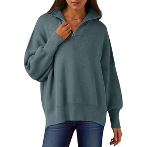 image:imageANRABESS Womens Oversized Quarter Zip Pullover Sweaters  Fall Fashion Outfits Long Sleeve Slit Side Baggy Loose Fit 14 Zip Lapel Collared Ribbed Knit Soft Warm Winter ClothingDusty Blue