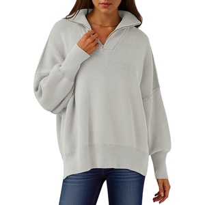 image:imageANRABESS Womens Oversized Quarter Zip Pullover Sweaters  Fall Fashion Outfits Long Sleeve Slit Side Baggy Loose Fit 14 Zip Lapel Collared Ribbed Knit Soft Warm Winter ClothingGray