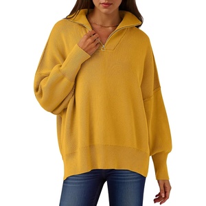 image:imageANRABESS Womens Oversized Quarter Zip Pullover Sweaters  Fall Fashion Outfits Long Sleeve Slit Side Baggy Loose Fit 14 Zip Lapel Collared Ribbed Knit Soft Warm Winter ClothingYellow