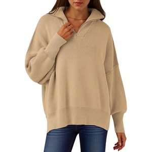 image:imageANRABESS Womens Oversized Quarter Zip Pullover Sweaters  Fall Fashion Outfits Long Sleeve Slit Side Baggy Loose Fit 14 Zip Lapel Collared Ribbed Knit Soft Warm Winter ClothingKhaki
