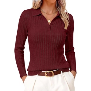 image:imageANRABESS Womens Polo V Neck Long Sleeve Pullover Sweaters  Soft Stretchy Ribbed Knit Shirts Lightweight Comfort  Business Casual Dressy Classic Top Fall Winter OutfitsRed