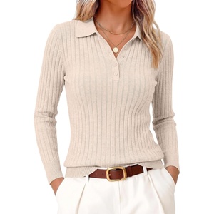 image:imageANRABESS Womens Polo V Neck Long Sleeve Pullover Sweaters  Soft Stretchy Ribbed Knit Shirts Lightweight Comfort  Business Casual Dressy Classic Top Fall Winter OutfitsAlmond