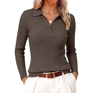 image:imageANRABESS Womens Polo V Neck Long Sleeve Pullover Sweaters  Soft Stretchy Ribbed Knit Shirts Lightweight Comfort  Business Casual Dressy Classic Top Fall Winter OutfitsTaupe