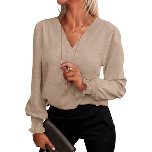 image:imageANRABESS Womens Business Casual Blouses Long Sleeve Tops  V Neck Puff Sleeve Smocked Cuff Shirts Soft Breathable Dressy Elegant Office Work Outfits Fall Spring ClothesYellow Khaki