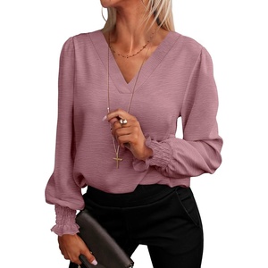 image:imageANRABESS Womens Business Casual Blouses Long Sleeve Tops  V Neck Puff Sleeve Smocked Cuff Shirts Soft Breathable Dressy Elegant Office Work Outfits Fall Spring ClothesDusty Rose