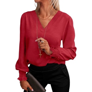 image:imageANRABESS Womens Business Casual Blouses Long Sleeve Tops  V Neck Puff Sleeve Smocked Cuff Shirts Soft Breathable Dressy Elegant Office Work Outfits Fall Spring ClothesRed