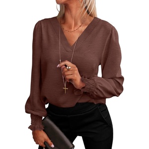 image:imageANRABESS Womens Business Casual Blouses Long Sleeve Tops  V Neck Puff Sleeve Smocked Cuff Shirts Soft Breathable Dressy Elegant Office Work Outfits Fall Spring ClothesCoffee