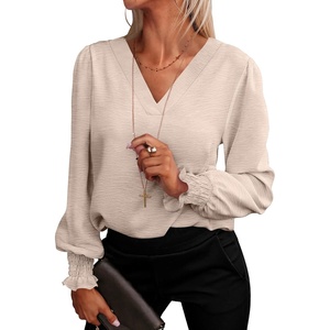 image:imageANRABESS Womens Business Casual Blouses Long Sleeve Tops  V Neck Puff Sleeve Smocked Cuff Shirts Soft Breathable Dressy Elegant Office Work Outfits Fall Spring ClothesParchment