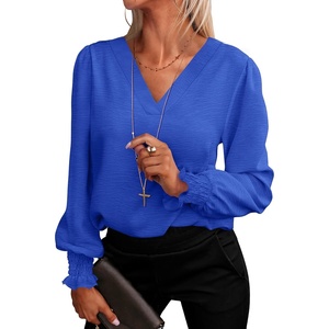 image:imageANRABESS Womens Business Casual Blouses Long Sleeve Tops  V Neck Puff Sleeve Smocked Cuff Shirts Soft Breathable Dressy Elegant Office Work Outfits Fall Spring ClothesRoyal Blue