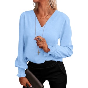 image:imageANRABESS Womens Business Casual Blouses Long Sleeve Tops  V Neck Puff Sleeve Smocked Cuff Shirts Soft Breathable Dressy Elegant Office Work Outfits Fall Spring ClothesBright Bblue