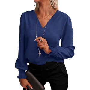 image:imageANRABESS Womens Business Casual Blouses Long Sleeve Tops  V Neck Puff Sleeve Smocked Cuff Shirts Soft Breathable Dressy Elegant Office Work Outfits Fall Spring ClothesNavy Blue