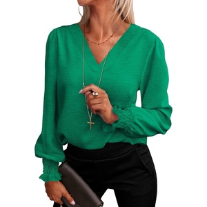 image:imageANRABESS Womens Business Casual Blouses Long Sleeve Tops  V Neck Puff Sleeve Smocked Cuff Shirts Soft Breathable Dressy Elegant Office Work Outfits Fall Spring ClothesGreen