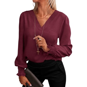 image:imageANRABESS Womens Business Casual Blouses Long Sleeve Tops  V Neck Puff Sleeve Smocked Cuff Shirts Soft Breathable Dressy Elegant Office Work Outfits Fall Spring ClothesBurgundy Wine Red