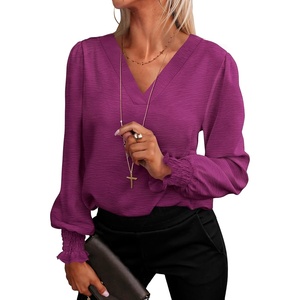 image:imageANRABESS Womens Business Casual Blouses Long Sleeve Tops  V Neck Puff Sleeve Smocked Cuff Shirts Soft Breathable Dressy Elegant Office Work Outfits Fall Spring ClothesPurple Red