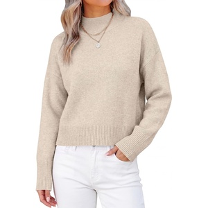 image:imageANRABESS Womens Long Sleeve Mock Neck Cropped Sweaters  Lightweight Ribbed Knit Pullover Sweater Tops Classic Soft Comfy Business Casual Work Travel Vacation Fall Winter OutfitsAlmond