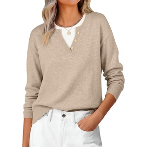 image:imageANRABESS Womens Long Sleeve Sweaters Business Casual Tops  2 in 1 Faux Layer Crew Neck Soft Cozy Knit Lightweight Henley Pullover Sweater 2026 Fall Fashion Winter Layer ClothesAlmond