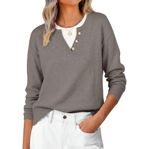 image:imageANRABESS Womens Long Sleeve Sweaters Business Casual Tops  2 in 1 Faux Layer Crew Neck Soft Cozy Knit Lightweight Henley Pullover Sweater 2026 Fall Fashion Winter Layer ClothesGrey Khak