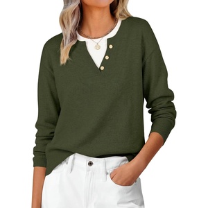 image:imageANRABESS Womens Long Sleeve Sweaters Business Casual Tops  2 in 1 Faux Layer Crew Neck Soft Cozy Knit Lightweight Henley Pullover Sweater 2026 Fall Fashion Winter Layer ClothesArmy Green
