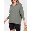 image:imageANRABESS Women Long Sleeve Quarter Zip Pullover Fall Sweater  Collared Lapel V Neck ShirtsSoft Ribbed Knit Top for LeggingsWork Business Casual OutfitsTravel Vacation ClothingGrey Grass Green