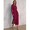 image:imageANRABESS Womens Fall Long Sleeve Casual Maxi Dress  Crewneck Tie Waist Long Dresses with Slit Soft Lightweight Church Vacation Outfits Fashion Transition ClothesBurgundy