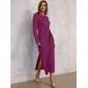 image:imageANRABESS Womens Fall Long Sleeve Casual Maxi Dress  Crewneck Tie Waist Long Dresses with Slit Soft Lightweight Church Vacation Outfits Fashion Transition ClothesDeep Purple