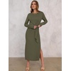 image:imageANRABESS Womens Fall Long Sleeve Casual Maxi Dress  Crewneck Tie Waist Long Dresses with Slit Soft Lightweight Church Vacation Outfits Fashion Transition ClothesArmy Green