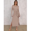 image:imageANRABESS Womens Fall Long Sleeve Casual Maxi Dress  Crewneck Tie Waist Long Dresses with Slit Soft Lightweight Church Vacation Outfits Fashion Transition ClothesKhaki