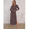 image:imageANRABESS Womens Fall Long Sleeve Casual Maxi Dress  Crewneck Tie Waist Long Dresses with Slit Soft Lightweight Church Vacation Outfits Fashion Transition ClothesCoffee