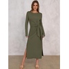 image:imageANRABESS Womens Fall Long Sleeve Casual Maxi Dress  Crewneck Tie Waist Long Dresses with Slit Soft Lightweight Church Vacation Outfits Fashion Transition ClothesArmy Green