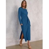 image:imageANRABESS Womens Fall Long Sleeve Casual Maxi Dress  Crewneck Tie Waist Long Dresses with Slit Soft Lightweight Church Vacation Outfits Fashion Transition ClothesCyan