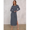 image:imageANRABESS Womens Fall Long Sleeve Casual Maxi Dress  Crewneck Tie Waist Long Dresses with Slit Soft Lightweight Church Vacation Outfits Fashion Transition ClothesDeep Gray