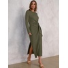 image:imageANRABESS Womens Fall Long Sleeve Casual Maxi Dress  Crewneck Tie Waist Long Dresses with Slit Soft Lightweight Church Vacation Outfits Fashion Transition ClothesArmy Green