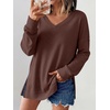 image:imageANRABESS Womens Long Sleeve Shirts Waffle Knit Tunic Top  V Neck Loose Fit Side Slit 2026 Fall Lightweight Sweater Tops for Daily Casual WearRed Brown