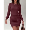 image:imageANRABESS Womens Puff Sleeve Bodycon Mini Sweater Dress  Lightweight Soft Ribbed Knit Fabric Crewneck Ruched Sexy Short Dresses Date Night Party Fall Winter Casual Lounge OutfitsWine Red