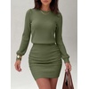 image:imageANRABESS Womens Puff Sleeve Bodycon Mini Sweater Dress  Lightweight Soft Ribbed Knit Fabric Crewneck Ruched Sexy Short Dresses Date Night Party Fall Winter Casual Lounge OutfitsArmy Green