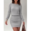 image:imageANRABESS Womens Puff Sleeve Bodycon Mini Sweater Dress  Lightweight Soft Ribbed Knit Fabric Crewneck Ruched Sexy Short Dresses Date Night Party Fall Winter Casual Lounge OutfitsGrey