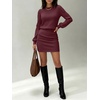 image:imageANRABESS Womens Puff Sleeve Bodycon Mini Sweater Dress  Lightweight Soft Ribbed Knit Fabric Crewneck Ruched Sexy Short Dresses Date Night Party Fall Winter Casual Lounge OutfitsWine Red