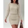 image:imageANRABESS Womens Puff Sleeve Bodycon Mini Sweater Dress  Lightweight Soft Ribbed Knit Fabric Crewneck Ruched Sexy Short Dresses Date Night Party Fall Winter Casual Lounge OutfitsBeige