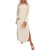 image:imageANRABESS Womens Long Sleeve Maxi Fall Knit Sweater Dress  Soft Stretchy Ribbed Fabric Crew Neck Side Slit Hem Cozy Winter Outfit Daily Wear Comfy Regular Fit Side PocketsBeige