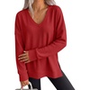 image:imageANRABESS Womens Long Sleeve Shirts Waffle Knit Tunic Top  V Neck Loose Fit Side Slit 2026 Fall Lightweight Sweater Tops for Daily Casual WearBright Red