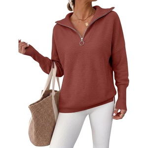 image:imageANRABESS Women Long Sleeve Quarter Zip Pullover Fall Sweater  Collared Lapel V Neck ShirtsSoft Ribbed Knit Top for LeggingsWork Business Casual OutfitsTravel Vacation ClothingRust