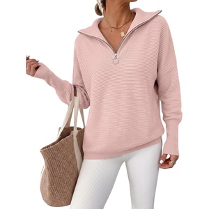 image:imageANRABESS Women Long Sleeve Quarter Zip Pullover Fall Sweater  Collared Lapel V Neck ShirtsSoft Ribbed Knit Top for LeggingsWork Business Casual OutfitsTravel Vacation ClothingPink