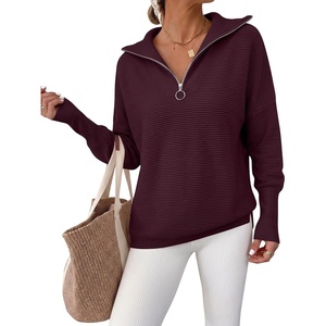 image:imageANRABESS Women Long Sleeve Quarter Zip Pullover Fall Sweater  Collared Lapel V Neck ShirtsSoft Ribbed Knit Top for LeggingsWork Business Casual OutfitsTravel Vacation ClothingWine Red