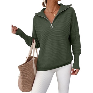 image:imageANRABESS Women Long Sleeve Quarter Zip Pullover Fall Sweater  Collared Lapel V Neck ShirtsSoft Ribbed Knit Top for LeggingsWork Business Casual OutfitsTravel Vacation ClothingArmy Green