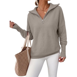 image:imageANRABESS Women Long Sleeve Quarter Zip Pullover Fall Sweater  Collared Lapel V Neck ShirtsSoft Ribbed Knit Top for LeggingsWork Business Casual OutfitsTravel Vacation ClothingGrey Khaki