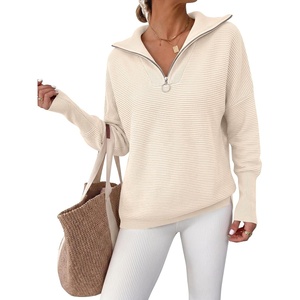 image:imageANRABESS Women Long Sleeve Quarter Zip Pullover Fall Sweater  Collared Lapel V Neck ShirtsSoft Ribbed Knit Top for LeggingsWork Business Casual OutfitsTravel Vacation ClothingParchment
