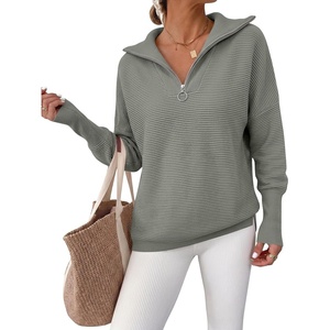 image:imageANRABESS Women Long Sleeve Quarter Zip Pullover Fall Sweater  Collared Lapel V Neck ShirtsSoft Ribbed Knit Top for LeggingsWork Business Casual OutfitsTravel Vacation ClothingGrey Grass Green