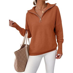 image:imageANRABESS Women Long Sleeve Quarter Zip Pullover Fall Sweater  Collared Lapel V Neck ShirtsSoft Ribbed Knit Top for LeggingsWork Business Casual OutfitsTravel Vacation ClothingOrange Rust
