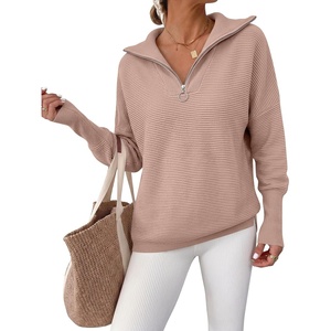 image:imageANRABESS Women Long Sleeve Quarter Zip Pullover Fall Sweater  Collared Lapel V Neck ShirtsSoft Ribbed Knit Top for LeggingsWork Business Casual OutfitsTravel Vacation ClothingPeach Brown