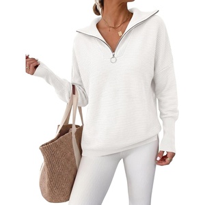 image:imageANRABESS Women Long Sleeve Quarter Zip Pullover Fall Sweater  Collared Lapel V Neck ShirtsSoft Ribbed Knit Top for LeggingsWork Business Casual OutfitsTravel Vacation ClothingWhite